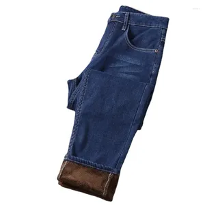 Herr jeans 2023 varumärke vinter varm flocking denim mjuka män aktiviteter fleece linje svartblå färger