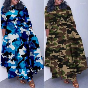 Vestidos casuais 2024 Spring Autumn Roupas femininas Sexy Slim Fit Camouflage Impressão da saia grande cintura Lace Up Maxi Dress