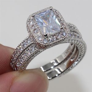 Vintage Biżuteria Miłośnicy 3CT White Topaz 10KT White Gold wypełnione symulowaną diamentową obrączki Zestaw Pierścień Rozmiar 5-10186m