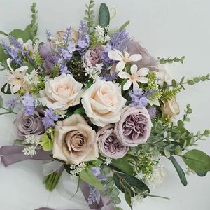 Wedding Flowers Bride Bouquet Flower Home Commercial Simulation Holding Purple Pink Austin Rose 612