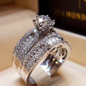 Zestaw Diamond Pierścień Diamentowych Vecalon Fashion 925 Srebrny biały pierścionek ślubny Obiecaj Miłość Pierścienie zaręczynowe dla kobiet277p