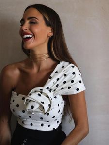 T-Shirt Blouses Tops Women Clothing 2022 Fashion Raised Flower Asymmetric Neck One Shoulder Top Summer Polka Dot Elegant Blouse Crop Top