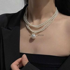 Beaded Necklaces Fashion Multilayer White Imitation Pearl Choker Pearl Necklace Big Pendant Pearls Necklace Jewelry for Women GiftL231223