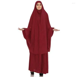 エスニック服の女性2ピースセットフード付きイスラム教徒ドレスEid Prayer Garment Robe Abaya Long KhimarフルカバーラマダンガウンAbayas Islamic