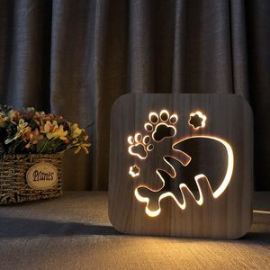 Creative Novely Wood Fish Bone Lamp USB Night Lights Solid Wood Carving Hollow Night Lamp för sovrummet Bedside Light Gift231K