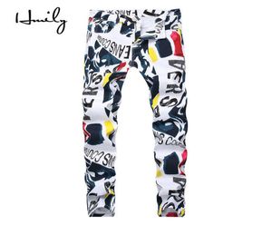 Hmily Spring Summer Men Men Prict Print Jeans New Fashion White Jeans для повседневного Slim Fit Street Designer Pants Big Size x06215645228
