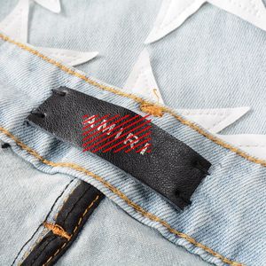 Amirj Star Jeansデザイナージーンズハイストリートホールスターパッチメンズレディングパネルストレッチズボンパープルリッピングアミールジーンズ