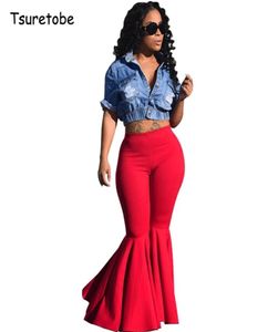 Tsuretobe Plus Size Fashion Ruffle Flare Pants Wide Leg Women Colorful Bodycon Mid Waist BellBottoms Pant Vintage Solid Trouser 25663064