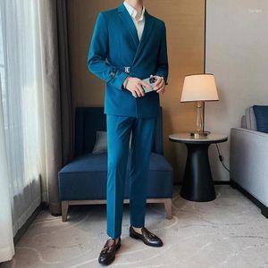 Men's Suits Blue Notch Lapel Male Wedding Clothing Belt Design 2Pcs Jacket Pants Blazer Trousers Tailored Men Sets Party Wear Outfit