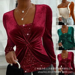 Kadın Bluzları 2023 Sonbahar Moda Gündelik Kadife Bükülmüş Boncuklu Patchwork Uzun Kollu Bluz Mizaç Akşam Elbise Gömlek