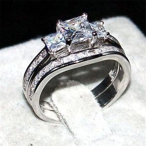 Retro silod 10KT White gold filled Square Three-stone Simulated Diamond CZ Ring Set 2-in-1 Wedding Bride Rings for Women Size 5-10255v