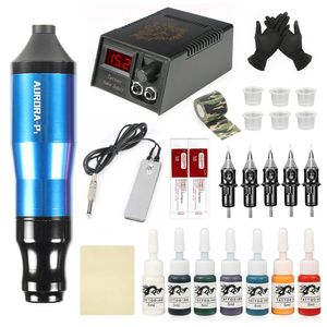 Maskin tatuering Rotary Ink Pen Set Aurora P1 LCD Strömförsörjningspatroner Nålar Tatuering Kit Professionell Hine Body Art Tattoo Supplies