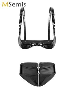 Msemis Women Wet Look Leather Underwear Set Erotic Open Shelf Bra With Zipper Booty Briefs Sexy Pole Dance Rave Bikinis Lingerie B5533811