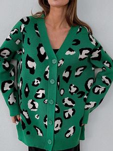 Cardigans Leopard Drukuj Zielony kardigan Kobiety jesienne zima gruba ciepła dzianinowa kurtka Zakres luźny z guzikami płaszcze żeńskie topy