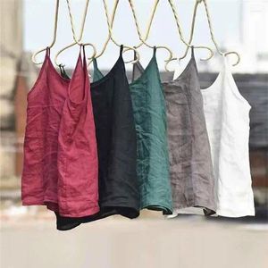 Kadın Tankları Varış Yaz Sanatları Tarzı Kadın Seksi Spagetti Kayış Tank Top All-Matched Sıraslı Sıradan Renk Pamuk Keten O-Neck Tops P520