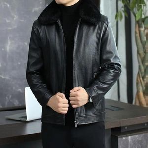Men's Jackets Men Autumn Winter Faux Leather Jacket Furry Lapel Long Sleeve Zipper Placket Coat Thickened Plush Lining Business Casual