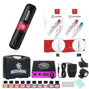 Machine Dragonhawk Compelte Tattoo Kit Motor Pen Hine Gun Power Supply Cartridge Needles with Carrier Box Tattoo Hine Set