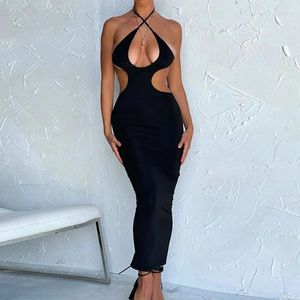 Casual Dresses BKLD Temperament Tight Dress for Women Solid Black Straps Hollow Out Sexig ärmlös Open Back Party Club Elegant Kvinna