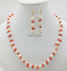 Beaded Necklaces Natural 8MM white Baroque sea pearls and natural irregular orange coral necklace earrings best gift for mom friend setL231223