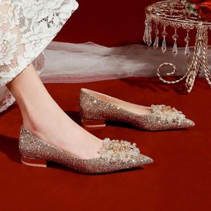 SURES Buty Crystal Flat Bottom Wedding Wessing Women Women Gold Carzy Organ Bride Wear Dwa duże single na jesień