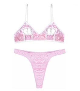 Бюстгальтеры устанавливают мужчины Sissy Lingerie Satin Satin Open Cups Bare Sipples Bree Bra с стрингами мужской заправки эротической сексуальной нижней части 3723738