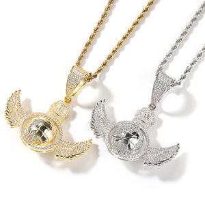 Hip Hop Angel Wings Rotate The Globe Pendant Necklace Full 5A Zircon 18k Real Gold Plated Jewelry