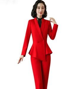 Elegancki czerwony ciemnoniebieski czarny garnitur do spodni dla biura dama dwa kawałki zestaw rozmiar s4xl szalik płaszcz blezer z setem 3352939
