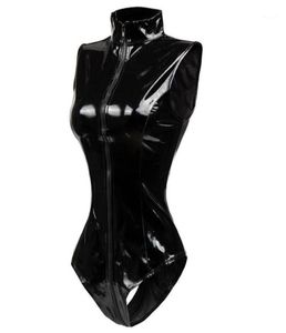 Zipper preto com zíper sem mangas Sexy Spandex Bodysuuit de couro Latex Catsuit Pvc Mulheres de macacão curto PU Bodysuit Clubwear118825555