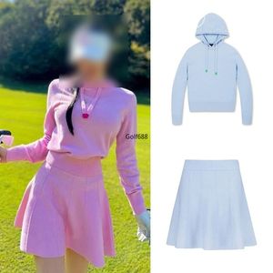 G4 Autumn and Winter New Korean Golf Women's Knitted Solid Color Hooded Sweater Long Sleeve Mid Waist Fashion Pleated Skirt Suit