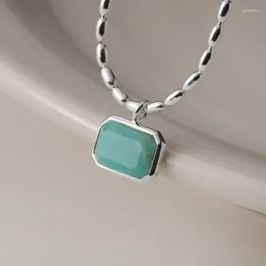 Hängen Silvology Real 925 Sterling Silver Natural Amazonite Square Pendant Necklace For Women Olive Pärlor Kedja Enkla lyxsmycken