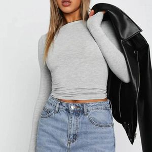 Frauenblusen fallen lässige Schlanke Schlanke Fit Basic Crop Tops Feste Farbe Langarm Crew Hals Pullover enge Tee-Hemden zeigen Navel-T-Shirt