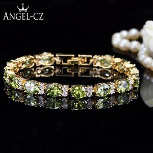 Dubai Yellow Gold Color Jewelry Oval Olive Green Crystal Connect Bling CZ Classy Ladies Bracelet Bangle For Women AB079 Link Chai2418