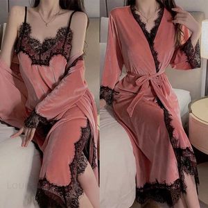 Kvinnors sömnkläder kvinnor varm velor hemkläder rosa badrock set cami sömnkläder vinter mantel dräkt loungewear sexig nattklänning lång kimono mantel t231223