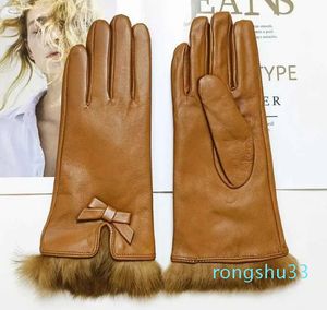 Women's sheepskin bow gloves with warm velvet lining and genuine leather driving gloves