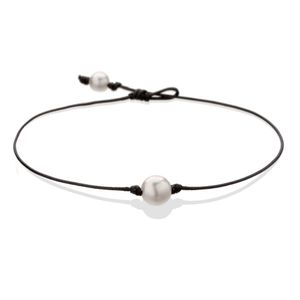 Pearl Single odlade sötvattenpärlor Halsband Choker för kvinnor äkta lädersmycken handgjorda svart 14 tum300m