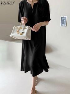 Dresses ZANZEA Elegant Women Summer Short Sleeve Solid MidCalf Dress Casual OL Work Vestidso Kaftan Fashion V Neck Ruffles Hem Sundress