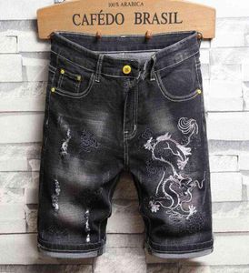 Homens em estilo chinês bordado dragão shorts jeans Slim Knee Lengetity Moda Moda Black Stretch Cotton Denim Shorts H121705474