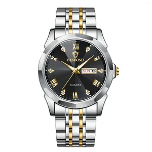 Relógios de pulso Binbond Brand Fashion Rhombus Quartz Watch for Men Aço inoxidável Luminous Week Data Mens relógios top
