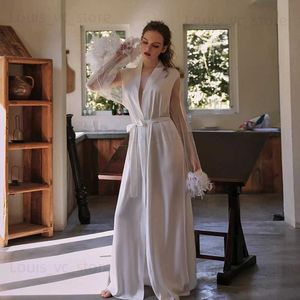 Mulheres sleepwear bordado flor robe cetim mulheres sleepwear com manga de renda pena sexy patchwork roupão quimono vestido de casamento longo lingerie t231223