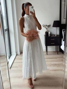 Casual Dresses Cotton Hollow Out Sleeveless Embroidery Half Stand Collar Midi Dress Women Summer With Belt Party Evening Wear