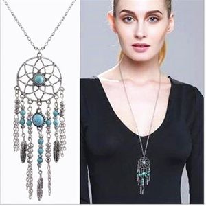 Vintage Dream Catcher Necklace Tassel Feather Turquoise Bohemian Style Long Sweater Chain Charm Jewel Xmas Gifts 12pcs317r