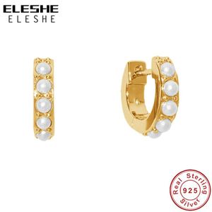 Huggie ELEShe New 925 Sterling Silver Vintage Tiny Peal With 18k Gold Plated Hoop Earring for Women Party Wedding Jewelry Accessories