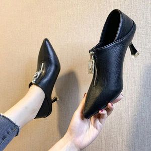 Dress Shoes 2023 Autumn Single Woman High Heels Women Pumps Pointed Toes Two Wearings Work Front Zip Female Footware Black