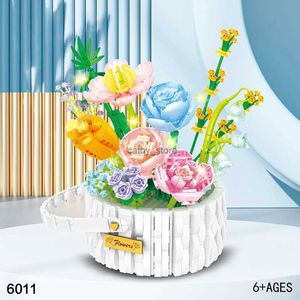 Block Flower Mini Building Blocks Rose Basket 3D Model Blocks With Light Home Decor Monterade Toys For Girls Adult Christmas GiftsL231223