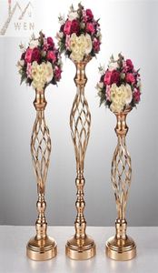 10st Gold Flower Vases Candle Holders Rack Stands Wedding Decoration Road Table Centerpiece Pillar Party Event Candlestick Y7976235