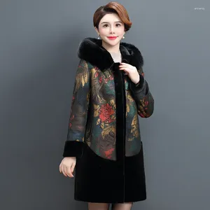Jaqueta de couro feminina mulher mulher longa mulher de meia-idade de inverno casaco falsificado com capuz elegante sobretudo quente e quente
