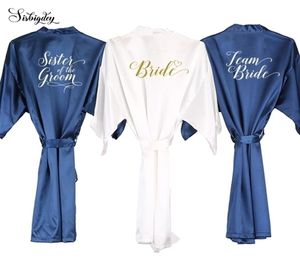 Sisbigdey navy blue robe white writing kimono satin robe bridesmaid sister of the bride robes wedding gift drop Y2004256589191