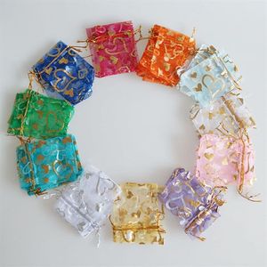 100pcs lot7x9 9x12cm Gold Print Organza Bag Wedding Drawable Organza Voile Packaging Bag Silk Pouches Packet Jewelry Bag Wholesal288s