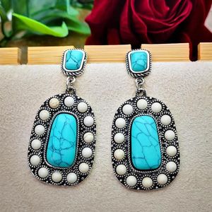 Earrings & Necklace Vintage White Small Bead Square Stone Long Earring Ethnic Natural Blue Turquoises Dangle For Women Fashion Boh263A