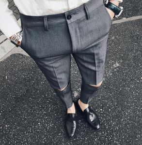 Ripped Solid Pant Slim Fit Men Dress Pant Office Office Men Pantalon Homme Slim Formal Broken Ounles for Man6683302